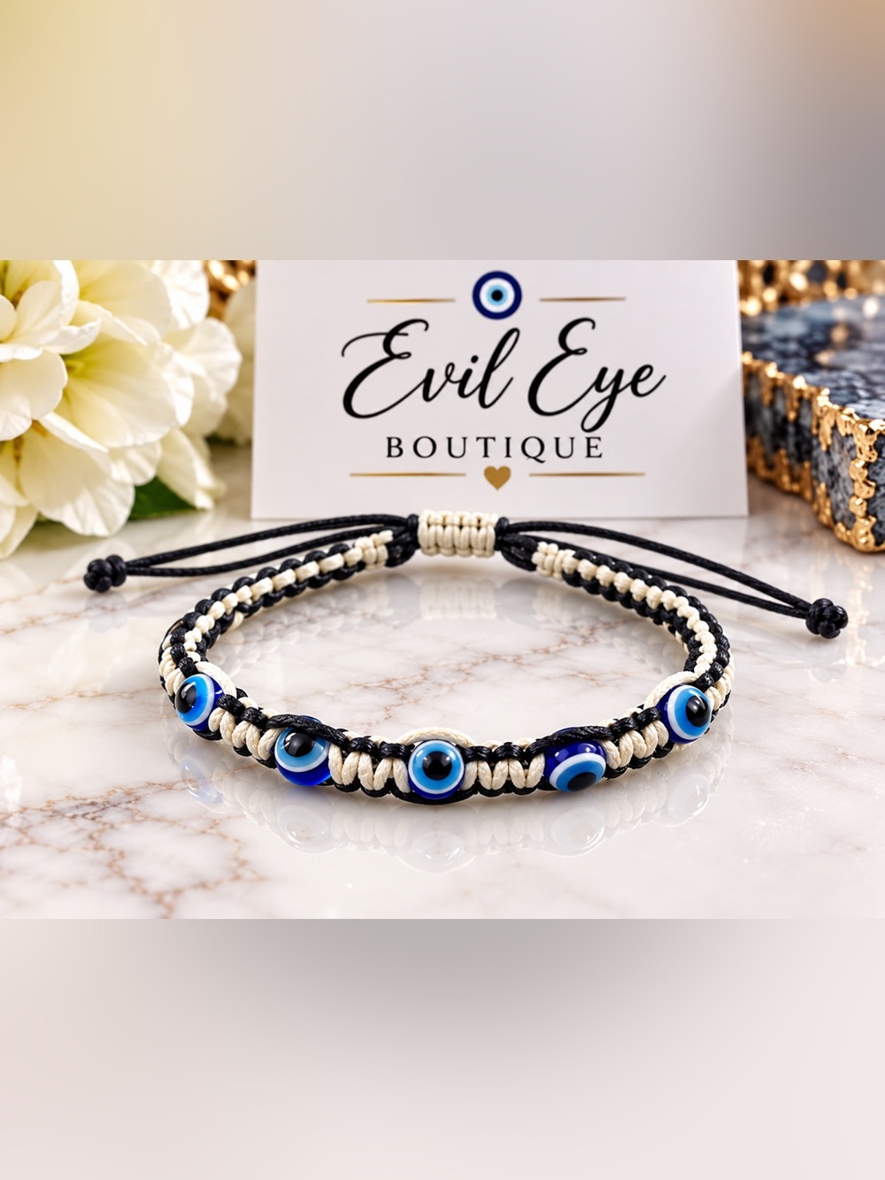 Evil Eye Woven Bracelet in Blue, Black & Cream